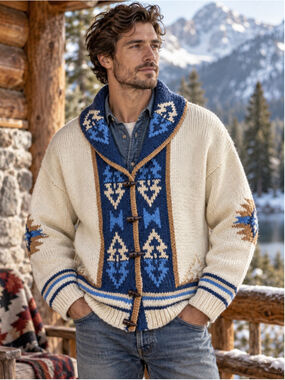 Vintage 1980s Cowichan Style Cardigan Men L Toggle Southwestern Heritage Cream